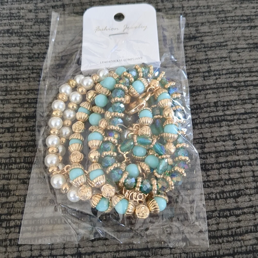 Stretch Charm Bracelet Set Turquoise Beads Pearls Love Heart Key Lock Angel Wing